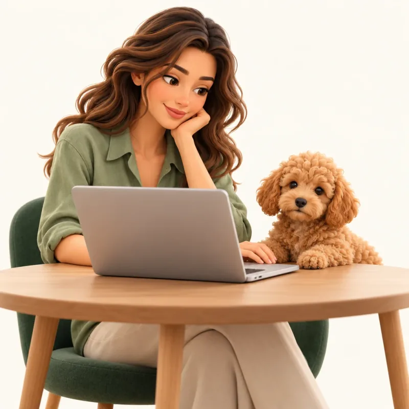Ilustrație: o femeie explorează rasele pe laptop, alături de un cățel.