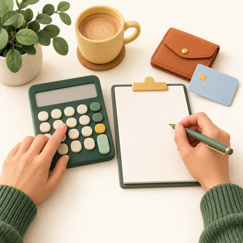 Ilustrație: calcularea costurilor cu un calculator, un portofel și oferta.