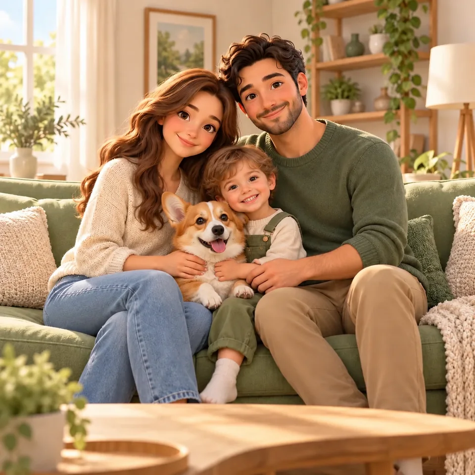 O familie cu un copil și un Corgi, împreună acasă.